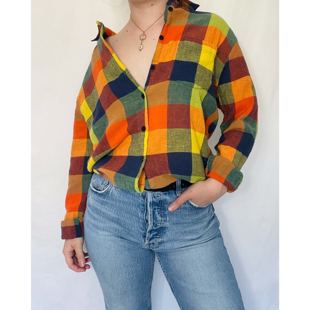 Reflections | by Spiegel Rainbow Plaid Gauze Textured Button Down Shirt